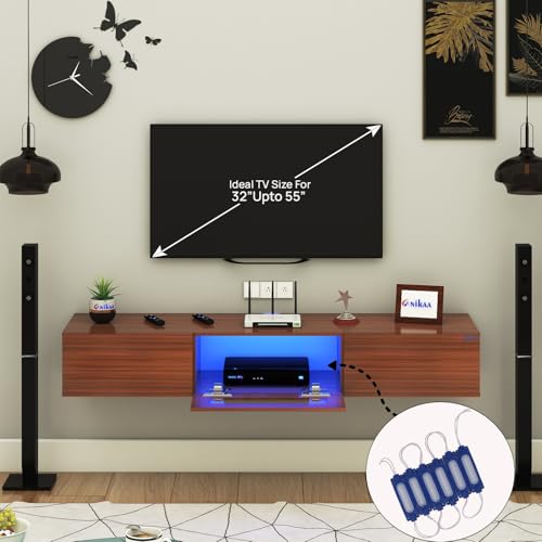 Image of Lucen Wall Mount Modern Floating TV Unit for Living Room | 3 Closed Storage cabinets with hinged Door - Blue Color LED Light | Ideal for UP to 55 Inch TV (Walnut Finish - DIY Installation)