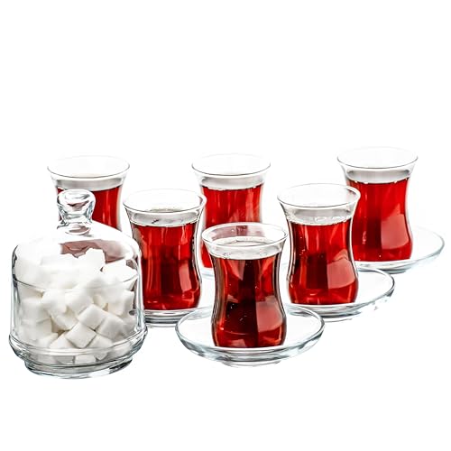Juego de Té Turco Tradicional con Diseño,13 Piezas, Incluye: 6 Tazas de Té de Vidrio (115 ml/4 oz), 6 Platillos y un Azucarero con Tapa de Vidrio (260 ml/8,7 oz)