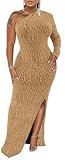 Women's Formal Evening Gowns Elegant Sparkly One Shoulder Maxi Dresses Sexy Long Sleeve High Split Party Long Dress,868 Gold_Large