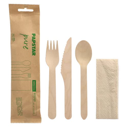 Papstar Bestecksets, Holz "pure" natur Messer, Gabel, Löffel, Serviette in Papierbeutel (10 x 50 = 500 Stück)