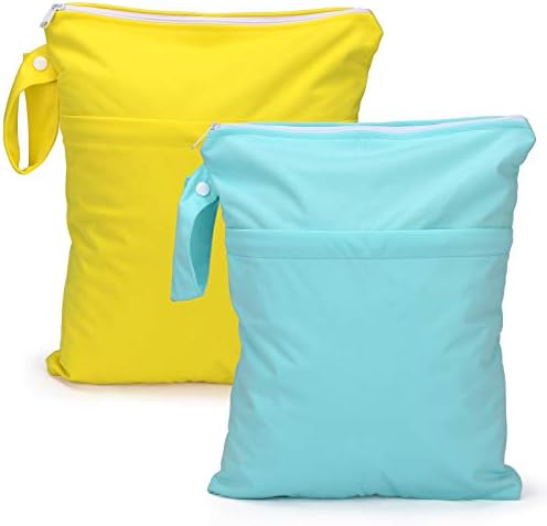 2pcs Cloth Diaper Wet Dry Bags Waterproof Reusable with Two Zippered Pockets Stroller Travel Beach Pool Daycare Soiled Baby Items Yoga Gym Bag for Swimsuits or Wet Clothes-11" x 14.3"