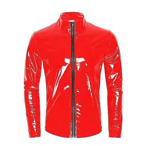 VOIV Männer Sexy Glänzende PVC Leder Hemd Gestaltung Mantel Latex Casual Mantel Männliche Glänzende Leder Jacke Tops