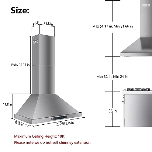 IKTCH 36-inch Wall Mount Range Hood 900 CFM Ducted/Ductless Convertible, Kitchen Chimney Vent Stainless Steel with Gesture Sensing & Touch Control Switch Panel, 2 Pcs Adjustable Lights(IKP02-36'') - Thumbnail 6