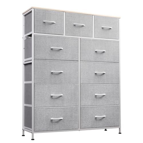 WLIVE Tall Dresser for Bedroom, Fabric Dressers Storage Tower, Dresser & Chest of Drawers Organizer Unit with 11 Drawers, Storage Cabinet, Hallway, Closets, Steel Frame, Wood Top, Light Grey