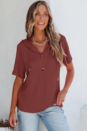 Image of Dokotoo Womens Summer Tops Waffle Knit Short Sleeve Lightweight Drawstring Hoodies Button V Neck Casual Blouses Shirts