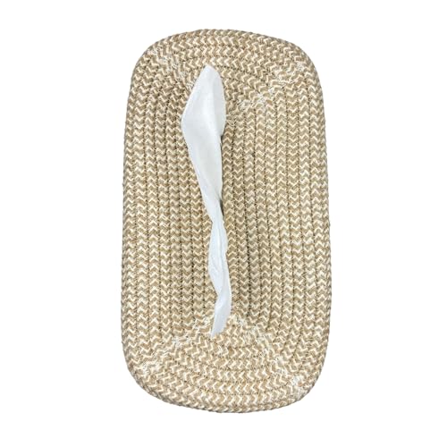 Image of BOBBINY Jute Cotton Tissue Box Holder, Handcrafted Tissue Container for 100 Pulls Natural Tissue Holder for Office Living Bedroom Car Desk Dining Table Home Decor (Off White & Brown, Design 7)