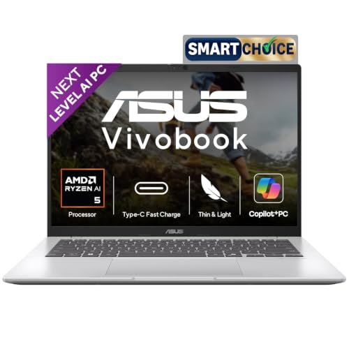 ASUS Vivobook 14,Smartchoice,AMD Ryzen AI 5 330,16GB RAM,512GB SSD, FHD+ 14", Win11,Office24,M365 Basic (1Yr)*, Cool Silver,1.46Kg,M1407KA-LY131WS, AMD Radeon iGPU, 50 Tops,Next-Gen AI Laptop,Copilot+