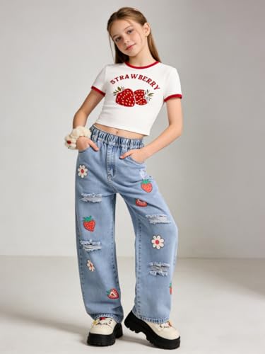 Image of Azmxynol Tween Girl Clothes Short Sleeve Top + Butterfly Design Jeans 2 Pieces Spring Summer Outfit Set, Size 6-14 Years