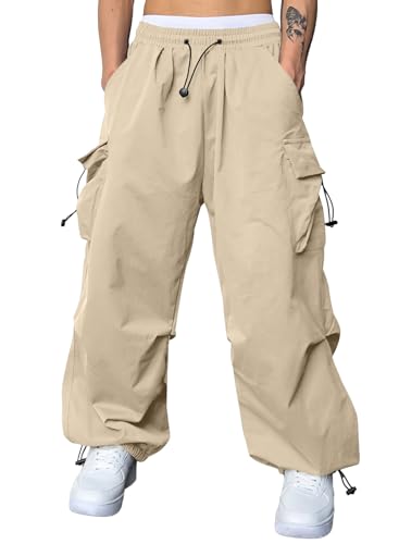 JMIERR Men's Casual Lounge Travel Parachute Pants Wide Leg Trousers Beam Feet Harem Baggy Sweatpants Cargo Pants for Fall Essentials Clothes Trendy Street Wear,L,Parchment