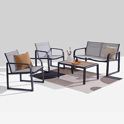 Litpony Aluminum Outdoor Patio Conversation Set, 4 Pieces Patio Furniture Sets with Breathable Textilene with Loveseat,Table and Chairs for Yard,Balcony,Grey
