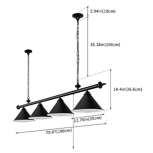 mirrea 71in Billiard Pool Table Light with Pull Chain Switch on Pendant Light Fixture 4 Lights with Matte Black Shade - Thumbnail 6