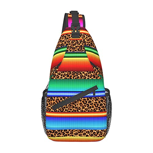 Mexico Serape Leopard Print Crossbody Bags Women Men Cross Chest Bag Adjustable Sling Backpack Shoulder Bag For Cycling Travel Sport Hiking