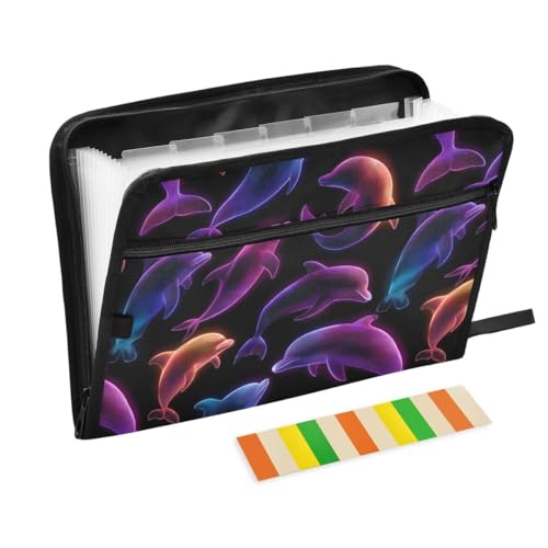 ALAZA Dolphin Neon Black Expandable Filing Folder Storage Organiser Box Files, 13 Pockets Zip Filing Folders for Home or Office Documents