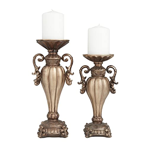 Deco 79 Polystone Scroll Pillar Candle Holder, Set Of 2 13", 11" H, Brass #TOP30