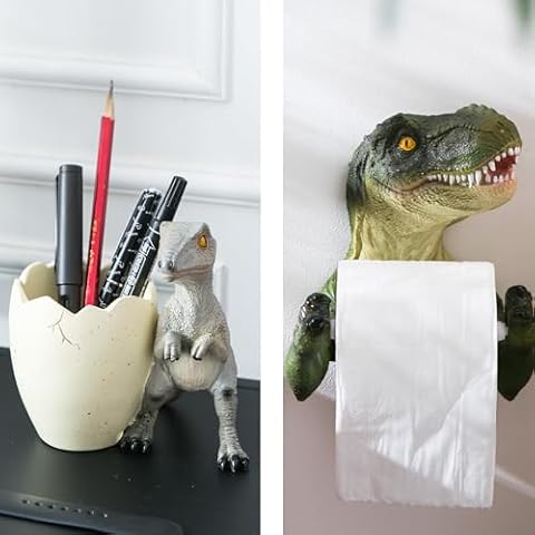 Banllis Green Dinosaur Toilet Paper Holder Wall Mount and Gray Dinosaur Pen Holder for Desk Cover