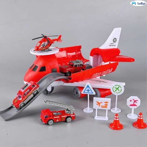Image of FunBlast Fire Rescue Airplane Toy Set - Big Aircraft with 4 Fire Vehicles, Helicopter, Road Signs & Cones, DIY Firefighter Playset for Kids, Educational Role Play Toy for Boys & Girls (Red)
