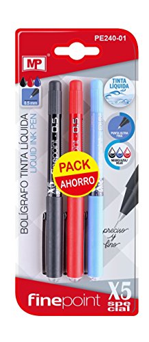 MP PE240-01 - Pack de 3 bolígrafos de tinta líquida, color negro, azul y rojo