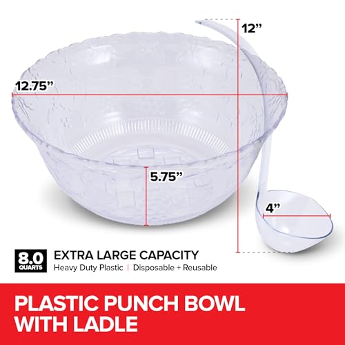 Stock Your Home Premium Plastic Punch Bowl with Ladle, Fancy Disposable Punch Bowls for Parties, Holidays, Schools, Halloween, and More, Quality Glass Like Appearance, Large Punch Bowl with Ladle Set - Image 3