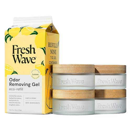 Fresh Wave Odor Removing Gel 4-Pack Glass Jar & 63oz Refill, Lemon | Refills 7oz gel up to 9 times or 15oz up to 4 times. Gel odor eliminator for bathroom, closet, or garage. No plug-in.