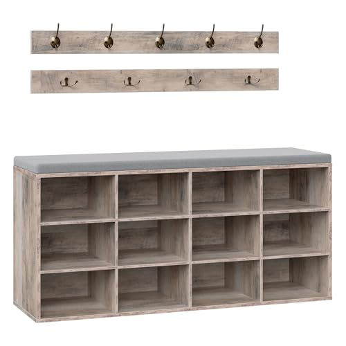 Image of HOOBRO Shoe Storage Bench with Cushion, 39.4" L Entryway Bench with 12 Cubbies, Entryway Hall Tree with Storage, Shoe Cabinet with Coat Rack for Bedroom, Hallway, Holds up to 330 lb, Gray GY112HX01