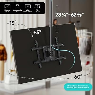 ONKRON Ceiling TV Mount for 32-80 Inch Screen up to 150 lbs, Height Adjustable Hanging TV Mount with Swivel and Tilt, VESA 100x100-600x400, Full Motion Ceiling Mount TV Bracket Drop Down, Black
