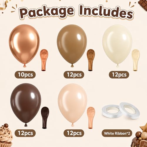 Image of Brown Balloons, 60 Pcs 12 Inch Dark Brown Coffee Tan Nude Sand White Latex Balloons for Western Cowboy Neutral Party Decorations