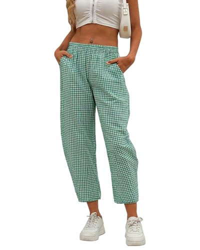 Women Gingham Pants Summer Casual Loose Lightweight Cotton Linen Elastic Waist Capri Pants with Pockets