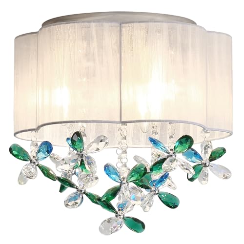 3 Light Mini Chandelier Bedroom Ceiling Light 13" Small Crystal Chandelier Farmhouse Flush Mount Light with Handmade Flower Lampshade for Living room,Closet,Nursery,Dinning Room(White Green)
