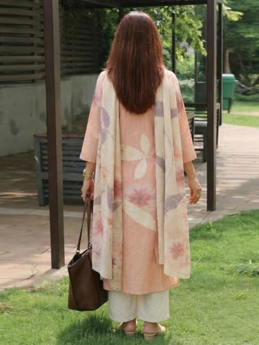 Image of ANNI Designer Women Cotton Blend Straight Fit Printed Kurta Pant Dupatta Set | V Neck Three Quarter Sleeve Ensemble | Soft Breathable Fabric | Comfortable Elegant Styling for Office Casual Wear