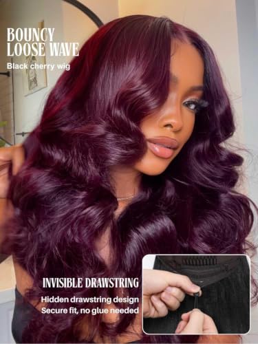 Image of Beauty Forever 13x4 Pre-Everything Lace Frontal Glueless Wig Human Hair Pre Plucked Pre Cut Black Cherry Loose Body Wave Drawstring Wig With Face Framing Layers Ready to Go Wigs 150% Density 20inch