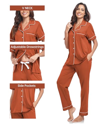 Image of CF Womens 100% Cotton Pajamas Set Button Down Pjs Sets Short Sleeve Top & Long Pants Sleepwear Comfy Loungewear with Pockets