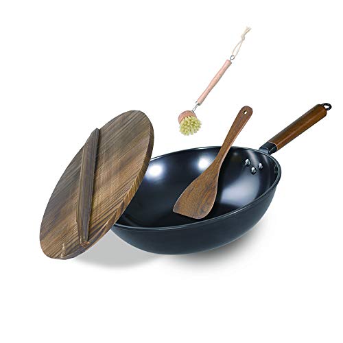 Chulkurs 125 Flat Bottom Wok Pan No Chemical Woks and Stir Fry Pans with Lid Wok Brush Spatula Carbon Steel Wok with Detachable Wooden Handle for all Stoves