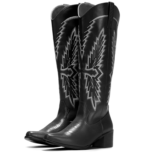 IUV Cowboy Boots for Women Knee High Western Pointy Toe Chunky Heel Zipper Cowgirl Boots for Country Concert