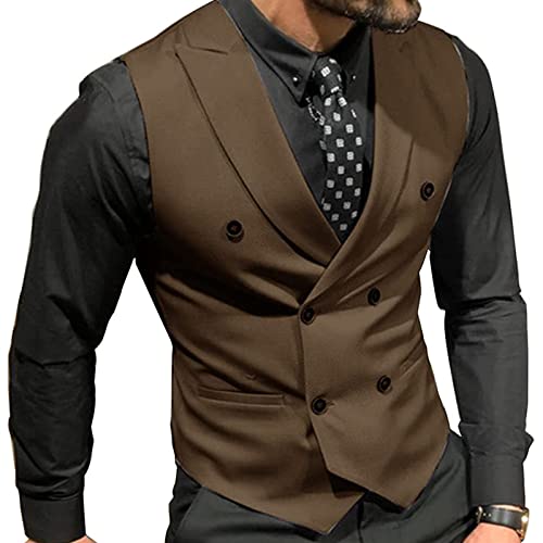 Men's Vest Double Breasted Lapel Slim Fit Wedding Vest Formal Casual Suit Waistcoat for Tuxedo Blazer 6 Color (Color : Coffee, Size : XXX-Large)