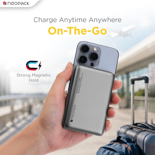 Image of Neopack Rapid Pro Magsafe Power Bank 10000 mAh with 25W Fast Wireless Charging | QI2 Technology | LED Indicator | Strong Magnetic Hold | USB-C in & Output Compatible with iPhone 12 & New Models, Grey