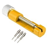 Der Uhrenglied-Entferner ist einfach mit kompletten Funktionen wie ein Uhrenarmband-Verbindungsstift-Entferner. Stellen Sie einfach die runde Plattform auf der Unterseite ein, um Ihren Uhrstift parallel zu den Push-Pins zu machen, dann drehen Sie langsam das Seitenrad, um den Stift gegen den Uhrbandstift mit 