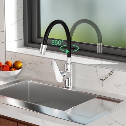 Ghazpmuk Wasserhahn Küche mit Flexibler Auslauf, Wasserhahn Küche Schwarz, Spültischarmatur 360° Drehbar, Küchenarmatur Schwarz mit Wasserspar Aerator, Biegsamer Wasserhahn für Die Küche
