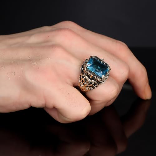BayVog Men's Sterling Silver Ring with Blue Topaz Gemstone – Ottoman Style Vintage Ring – Rectangular Emerald Cut Stone – Handmade Turkish Jewelry for Men2