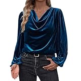 bawilom Women's Velvet Blouses Cocktail Evening Party Dressy Casual Long Sleeve Shirts Cowl Neck Ruched Long Sleeve Tops Navy