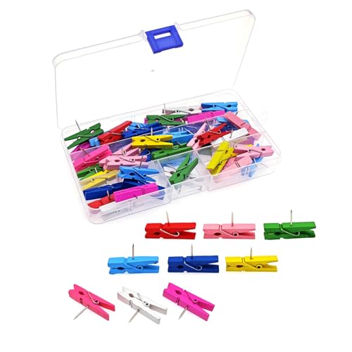 JZK 50 chinchetas de madera multicolor, mini pinzas de colores estilo chinchetas para el pulgar, clips de fotos con pin, clavijas de corcho de oficina para tablón de anuncios, tablón de anuncios