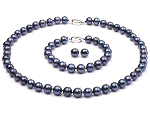 Bijoux en perles d'eau douce noires AAA 9-10 mm avec collier bracelet boucles d'oreilles argent