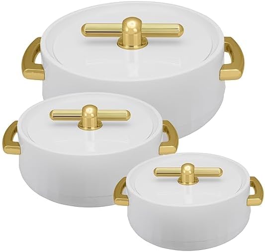 Royal Casserole Collection | Insulated Hot Cases | Stainless Steel Inner | Serve Chapati, roti, Biryani, Pulao Hot Pot Royal Casserole Gift Item– Set of 3 (600ml+1200ml+1700ml) Pearl White
