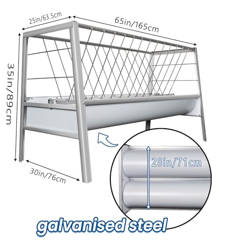 96 Gallon Goat Hay Feeder, 2 in 1 Hay Feeder for Goats, 5 Ft Long Feeding Tray for Livestock Feeder, Feeding Goats, Sheep and Ponies, for Farms, Sheep Sheds (Galvanizing)