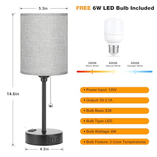 Image of Small Bedside Table Lamp for Bedroom - Desk Lamp with USB Ports for Dorm