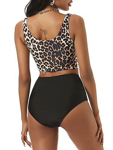 ZAFUL Women's Scoop Neck Tropical Leaf Knotted Two Pieces Tankini Set Swimsuit (0-Leopard, M)
