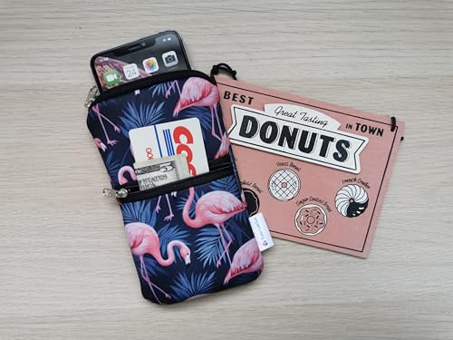 Image of Tainada 2-Zip Neck Phone Pocket Bag w /Belt Loop (Flamingo Pattern Gray) | For Men /Women; Water-resistant neoprene pouch, shockproof, lightweight, w /carabiner; Compatible with most of smartphones