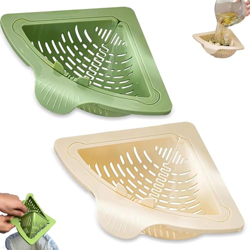 Magnetic Drainage & Filter Basket 2.0 Design Corner Sink Strainer with Twist-Open Bottom Triangular Drain Basket for Food Scraps & Rinsing Produce Fits Metal Sinks (Green+White)