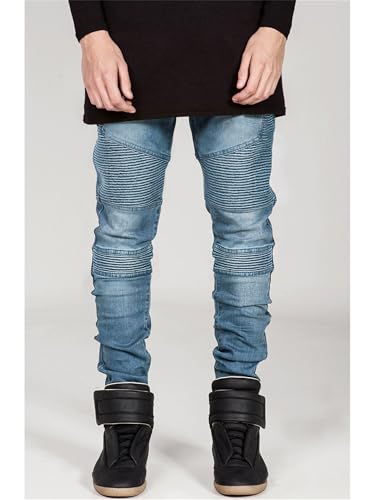 Men's Pleated Elastic Distressed Jeans with Patchwork Motorcycle Straight Leg Wear Resistant Pants2