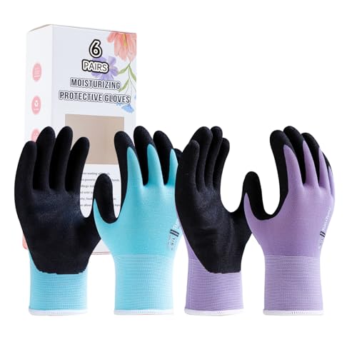 HandLove 6 Pairs Gardening Gloves for Women-Moisturizing Durable Work Gloves.Latex-free Sandy Nitrile Coated for YardGarden,Touchscreen Friendly Protective Gloves with Grip, Large, Blue&Purple