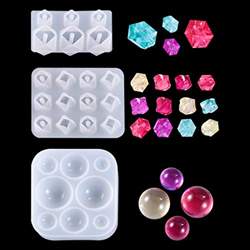 FineInno 3D Diamond Gem Silicone Mold Cabochons Jewelry Silicone Casting Mold Crystal Gem and Oval Beads Epoxy Resin Casting Molds for Pendent Bracelet Necklace Jewelry Making (3 Molds)